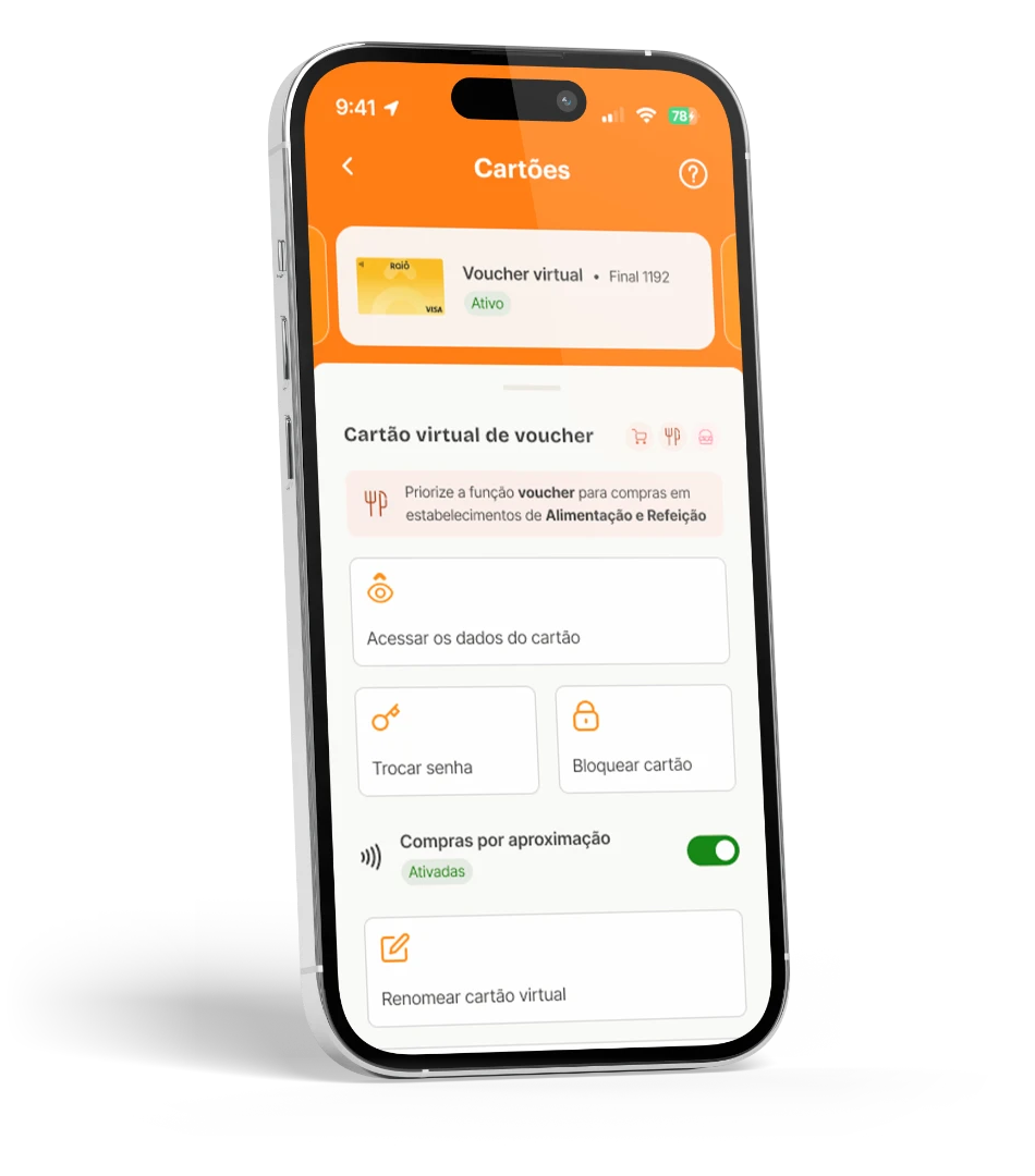 Tela do app Raiô mostrando o cartão virtual de voucher ativo